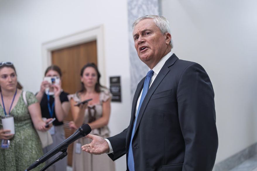 Rep. Jamie Comer, R-Ky., chairman of the House Oversight and Accountability Committee, talks to reporters briefly at the Capitol in Washington, Wednesday, July 9, 2025. (AP Photo/J. Scott Applewhite) ** FILE **