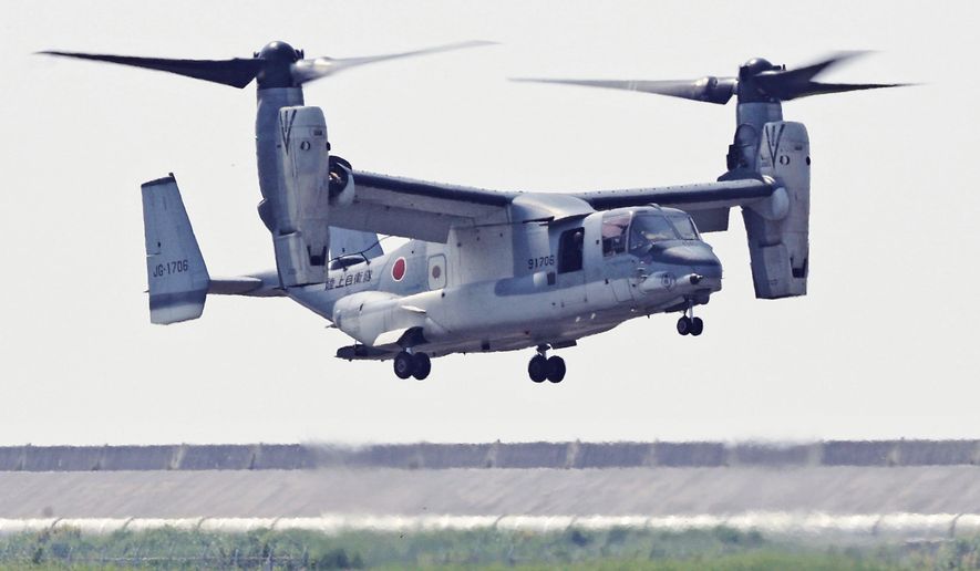 Japan Ground Self-Defense Force’s V-22 Osprey arrives at Camp Saga in Saga, southwestern Japan, Wednesday, July 9, 2025. (Kyodo News via AP)