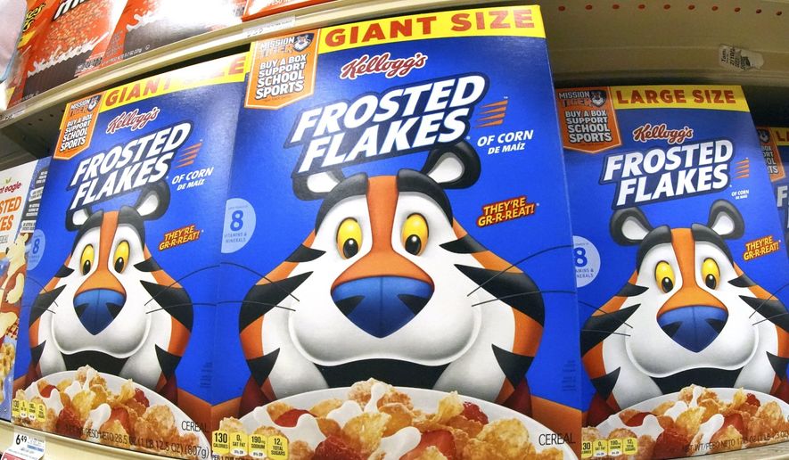 This is a shelf of Kellogg's Frosted Flakes cereal at a market in Homestead, Pa., on Monday, Feb. 24, 2025. (AP Photo/Gene J. Puskar, File)