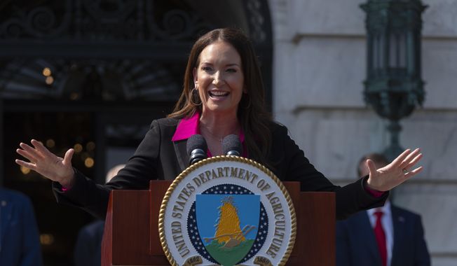 Agriculture Secretary Brooke Rollins peaks during a news conference at the Department of Agriculture to roll out the USDA'S National Farm Security Action Plan and discuss actions being taken to protect American agriculture from foreign threats in Washington, Tuesday, July 8, 2025. (AP Photo/Manuel Balce Ceneta) ** FILE **