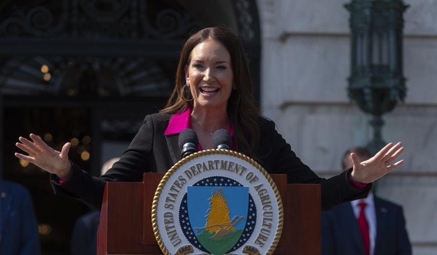 Agriculture Secretary Brooke Rollins peaks during a news conference at the Department of Agriculture to roll out the USDA'S National Farm Security Action Plan and discuss actions being taken to protect American agriculture from foreign threats in Washington, Tuesday, July 8, 2025. (AP Photo/Manuel Balce Ceneta) ** FILE **
