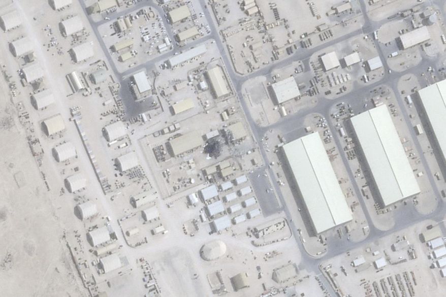 This satellite image from Planet Labs PBC shows damage after an Iranian attack at the Al Udeid Air Base outside of Doha, Qatar, June 25, 2025. (Planet Labs PBC via AP)