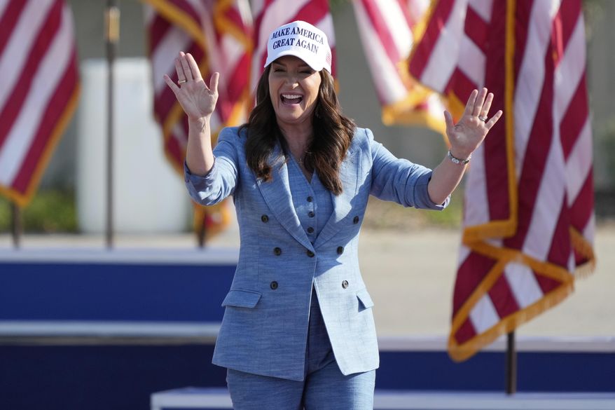 Agriculture Secretary Brooke Rollins arrives before President Donald Trump speaks during a rally, Thursday, July 3, 2025, in Des Moines, Iowa. (AP Photo/Charlie Neibergall) ** FILE **