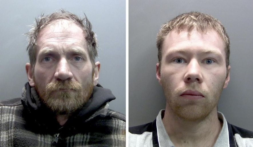 Undated handout photos issued by Northumbria Police of Daniel Daniel Graham, 39, left, and Adam Carruthers, 32, who were sentenced on Tuesday, July 15, 2025. (Northumbria Police via AP)