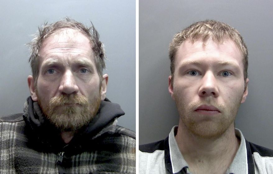 Undated handout photos issued by Northumbria Police of Daniel Daniel Graham, 39, left, and Adam Carruthers, 32, who were sentenced on Tuesday, July 15, 2025. (Northumbria Police via AP)