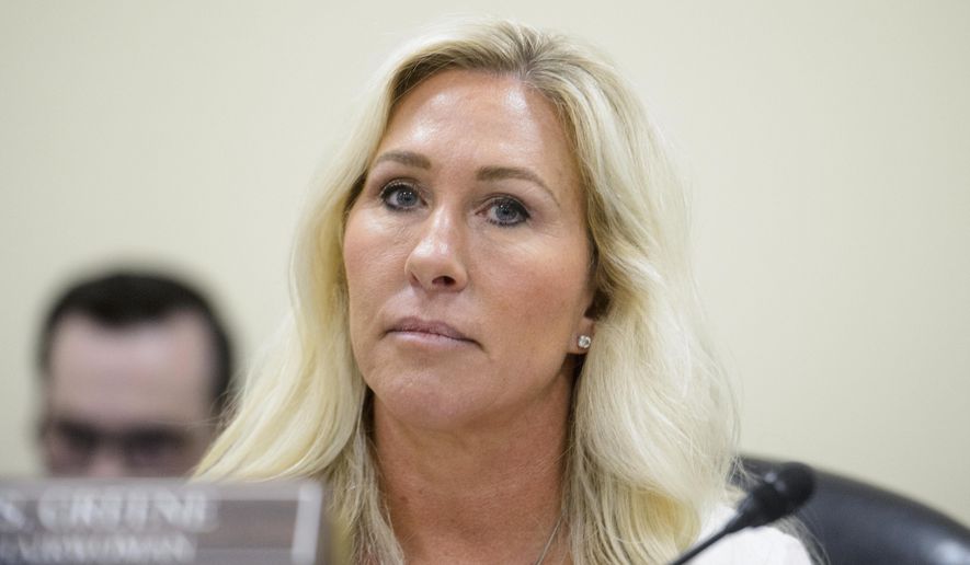 Rep. Marjorie Taylor-Greene, R-Ga., presides over a House Committee hearing on Capitol Hill in Washington on Feb. 12, 2025. (AP Photo/Rod Lamkey Jr.) ** FILE **