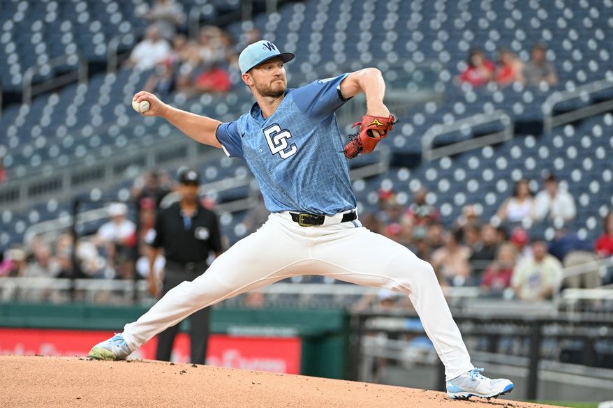 Washington Nationals starting pitcher Michael Soroka (34) throwing a pitch during the first inning of an MLB game against the San Diego Padres at Nationals Park in Washington D.C., July 18, 2025. (Photo by All-Pro Reels for Washington Times Sports)