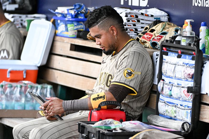 San Diego Padres first baseman Luis Arraez (4) in the dugout during the first inning of an MLB game against the Washington Nationals at Nationals Park in Washington D.C., July 18, 2025. (Photo by All-Pro Reels for Washington Times Sports)