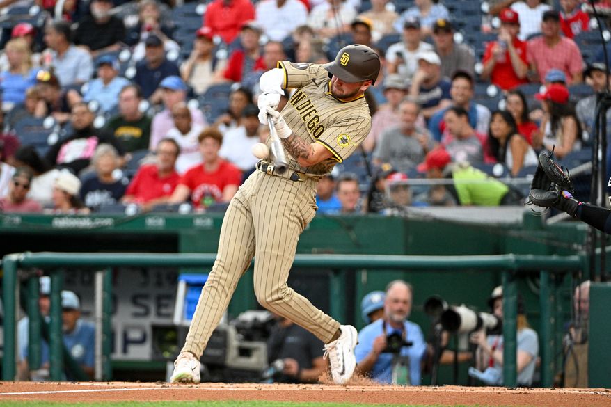 San Diego Padres centerfielder Jackson Merrill (3) hitting a single during the second inning of an MLB game against the Washington Nationals at Nationals Park in Washington D.C., July 18, 2025. (Photo by All-Pro Reels for Washington Times Sports)