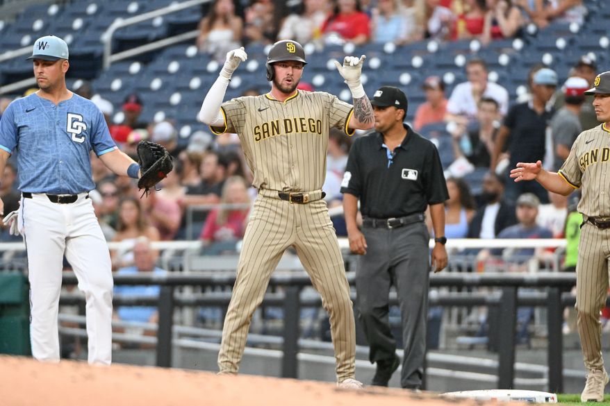 San Diego Padres centerfielder Jackson Merrill (3) on first base after hitting a single during the second inning of an MLB game against the Washington Nationals at Nationals Park in Washington D.C., July 18, 2025. (Photo by All-Pro Reels for Washington Times Sports)
