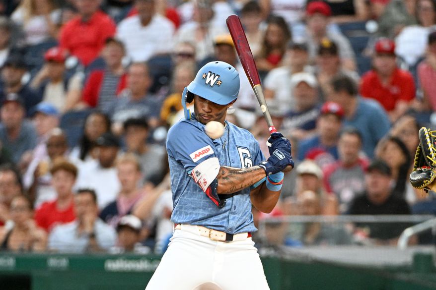 Washington Nationals right fielder Daylen Lile (51) getting out of the way of a pitch during the second inning of an MLB game against the San Diego Padres at Nationals Park in Washington D.C., July 18, 2025. (Photo by All-Pro Reels for Washington Times Sports)