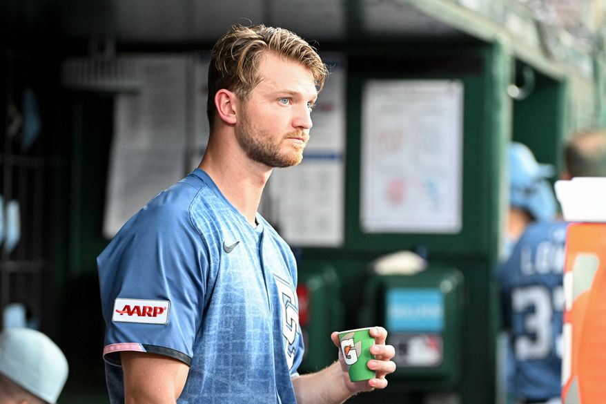 Washington Nationals starting pitcher Michael Soroka (34) in the dugout during the third inning of an MLB game against the San Diego Padres at Nationals Park in Washington D.C., July 18, 2025. (Photo by All-Pro Reels for Washington Times Sports)