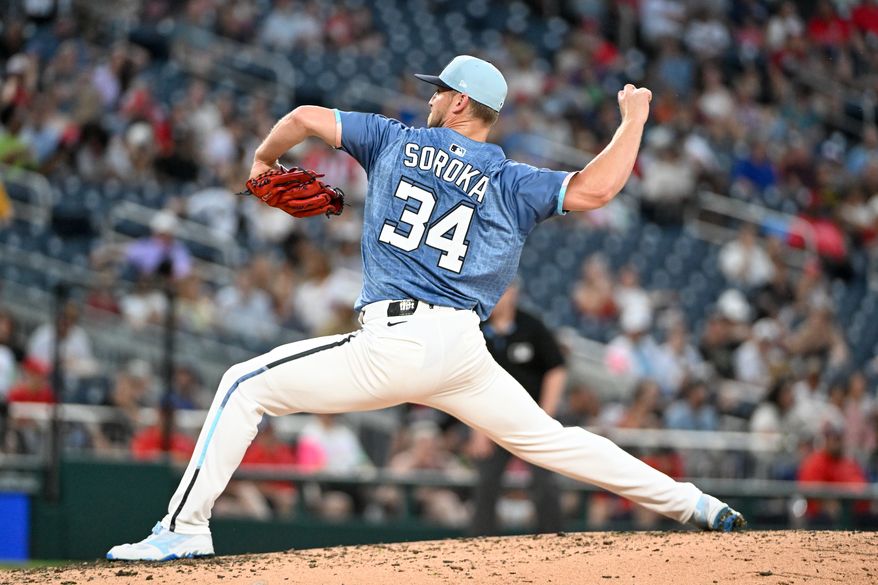 Washington Nationals starting pitcher Michael Soroka (34) throwing a pitch during the fourth inning of an MLB game against the San Diego Padres at Nationals Park in Washington D.C., July 18, 2025. (Photo by All-Pro Reels for Washington Times Sports)