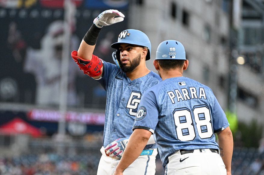 Washington Nationals second baseman Luis Garcia (2) standing on first base after hitting a single during the fourth inning of an MLB game against the San Diego Padres at Nationals Park in Washington D.C., July 18, 2025. (Photo by All-Pro Reels for Washington Times Sports)
