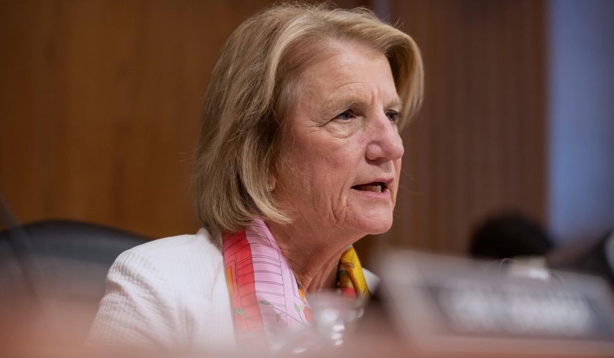 Sen. Shelley Moore Capito, R-W.Va., speaks during a hearing of the Senate Committee on Environment and Public Works on Capitol Hill, Wednesday, July 16, 2025, in Washington. (AP Photo/Mark Schiefelbein)