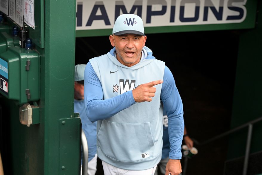 Washington Nationals Manager Miguel Cairo in the dugout before the start of an MLB game against the San Diego Padres at Nationals Park in Washington D.C., July 19, 2025. (Photo by All-Pro Reels for Washington Times Sports)