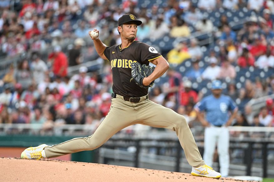 San Diego Padres starting pitcher Yu Darvish (11) throwing a pitch during the first inning of an MLB game against the Washington Nationals at Nationals Park in Washington D.C., July 19, 2025. (Photo by All-Pro Reels for Washington Times Sports)