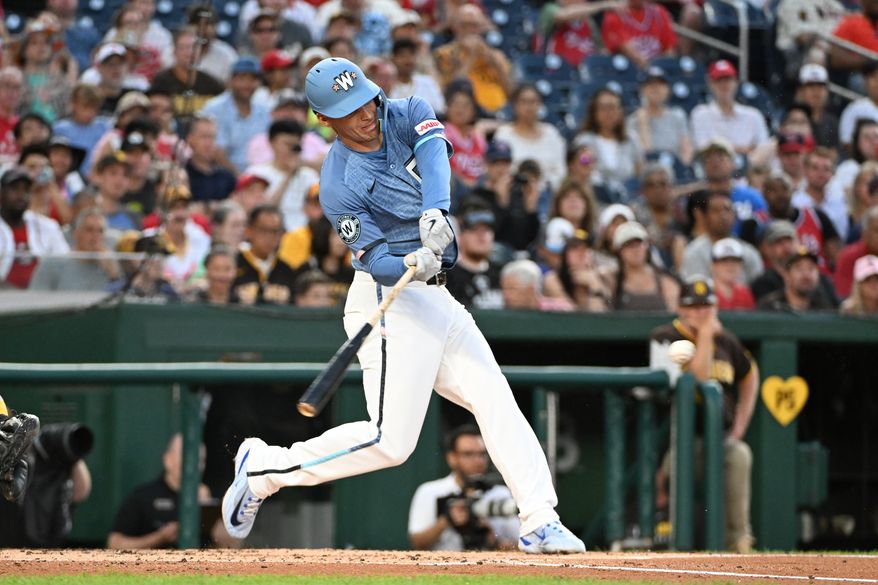 Washington Nationals right fielder Daylen Lile (51) hitting a double during the second inning of an MLB game against the San Diego Padres at Nationals Park in Washington D.C., July 19, 2025. (Photo by All-Pro Reels for Washington Times Sports)