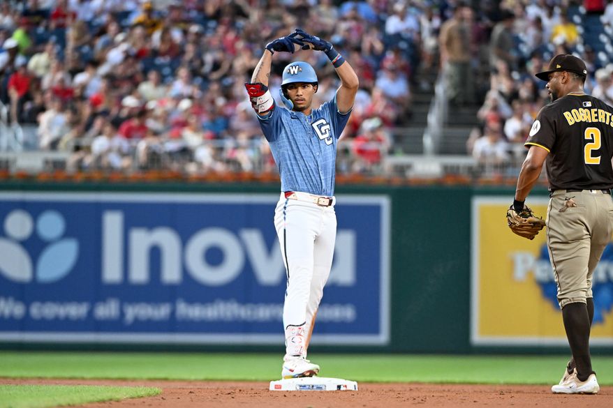 Washington Nationals right fielder Daylen Lile (51) standing on second after hitting a double during the second inning of an MLB game against the San Diego Padres at Nationals Park in Washington D.C., July 19, 2025. (Photo by All-Pro Reels for Washington Times Sports)