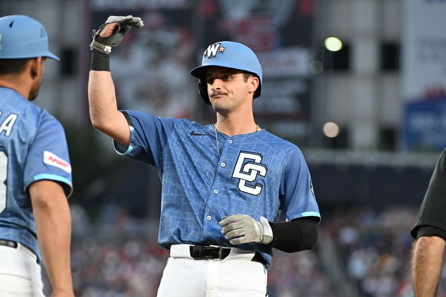 Washington Nationals catcher Drew Millas (81) standing on first after hitting an RBI single during the second inning of an MLB game against the San Diego Padres at Nationals Park in Washington D.C., July 19, 2025. (Photo by All-Pro Reels for Washington Times Sports)