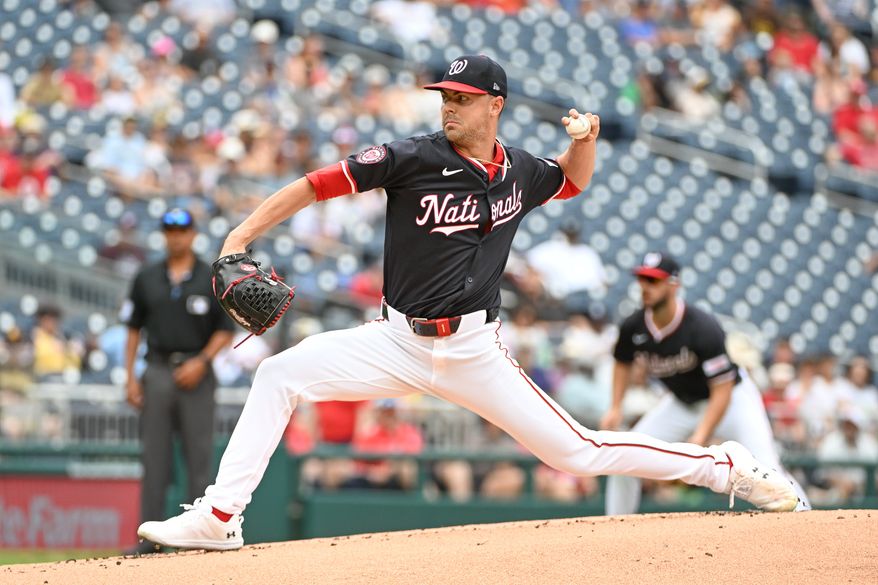 Washington Nationals starting pitcher MacKenzie Gore (1) throwing a pitch during the first inning of an MLB game against the San Diego Padres at Nationals Park in Washington D.C., July 20, 2025. (Photo by All-Pro Reels for Washington Times Sports)