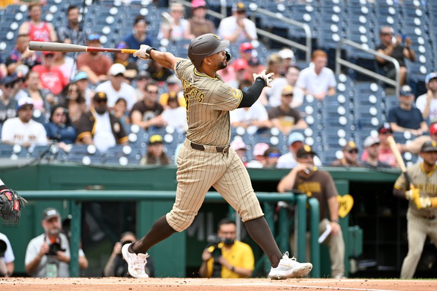 San Diego Padres designated hitter Xander Bogaerts (2) hitting a grand slam during the first inning of an MLB game against the Washington Nationals at Nationals Park in Washington D.C., July 20, 2025. (Photo by All-Pro Reels for Washington Times Sports)