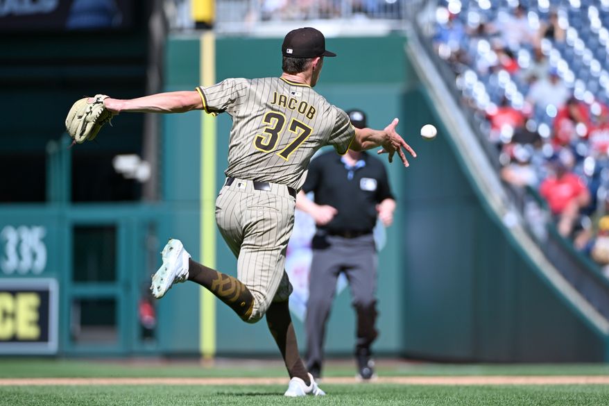 San Diego Padres relief pitcher Alek Jacob (37) making the throw to first after fielding a ground ball off the bat of Washington Nationals centerfielder Jacob Young (30) for the final out of the game during the Padres 8-1 win at Nationals Park in Washington D.C., July 20, 2025. (Photo by All-Pro Reels for Washington Times Sports)