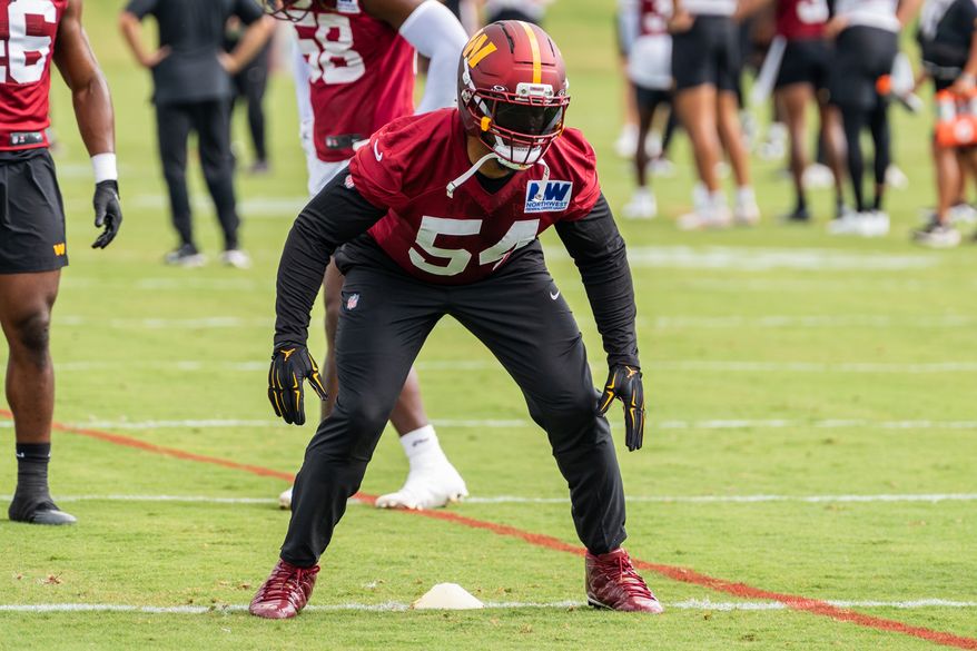 Washington Commanders Line Backer Bobby Wagner (54) sets his feet for defensive drills at Commanders training camp at the OrthoVirginia Training Center in Ashburn, Virginia, July 23rd, 2025. (Photo by Jordan Sabillo for Washington Times)