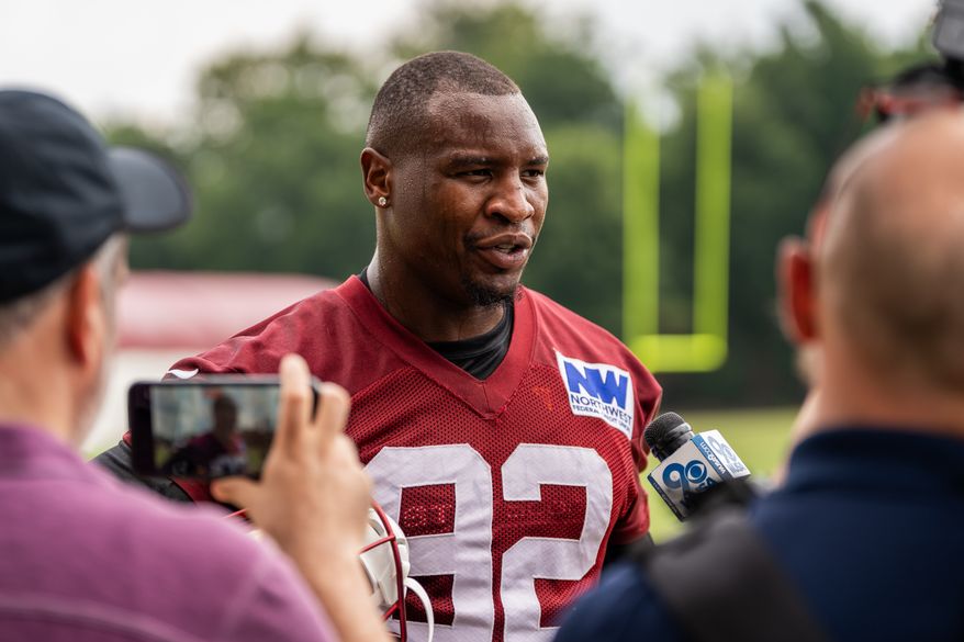 Washington Commanders Defensive End Dorance Armstrong (92) interviews with the press at Commanders training camp at the OrthoVirginia Training Center in Ashburn, Virginia, July 23rd, 2025. (Photo by Jordan Sabillo for Washington Times)