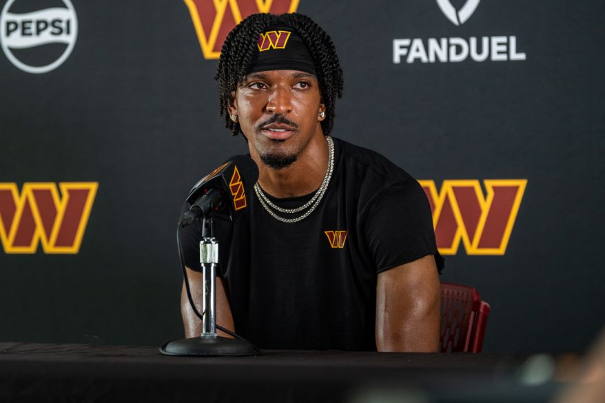 Washington Commanders Quarterback Jayden Daniels (5) answers questions from the press at Commanders training camp at the OrthoVirginia Training Center in Ashburn, Virginia, July 23rd, 2025. (Photo by Jordan Sabillo for Washington Times)