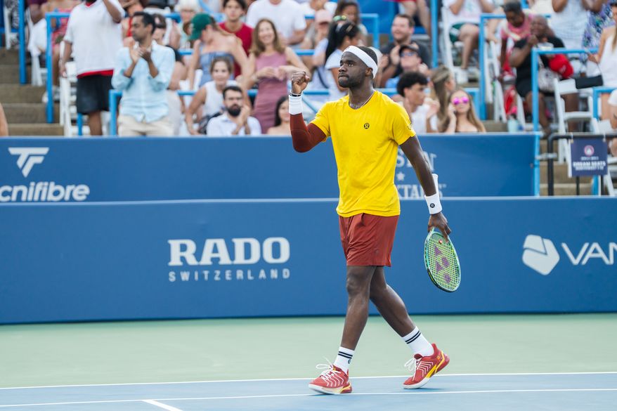 No. 6 seed Frances Tiafoe celebrates a win over No. 9 seed Flavio Cobolli in the round of 16 at the D.C. Open, Thursday, July 24, 2025, in Washington. (Jordan Sabillo/All-Pro Reels)