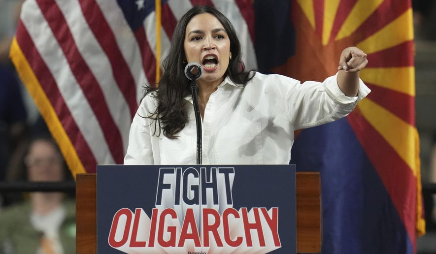 FILE - Rep. Alexandria Ocasio-Cortez, D-N.Y., speaks during an event, March 20, 2025, in Tempe, Ariz. (AP Photo/Ross D. Franklin, File)