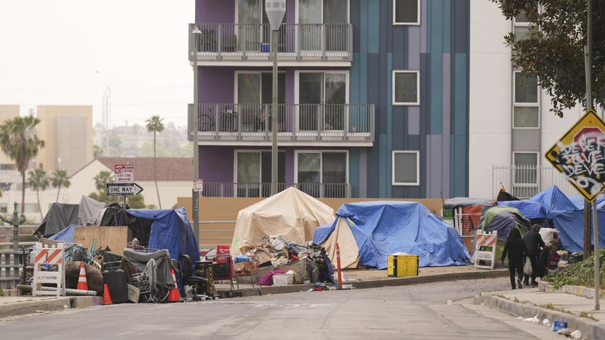 Tents are set up along a freeway in a homeless encampment, May 12, 2025, in Los Angeles. (AP Photo/Damian Dovarganes, File)