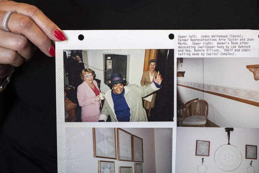 On Monday, July 21, 2025, Colorado House Majority Leader Monica Duran, D-Wheat Ridge, holds a photo of Rep. Arie Taylor, the state's first Black woman legislator, who was instrumental in creating the first women's restroom at the state Capitol in Denver. (AP Photo/Rachel Woolf)