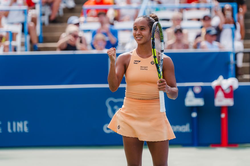 Leylah Fernandez of Canada celebrates after defeating Anna Kalinskaya of Russia 6-1, 6-2 in the final of the D.C. Open, Sunday, July 27, 2025, in Washington. (All-Pro Reels)