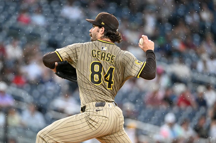 San Diego Padres starting pitcher Dylan Cease (84) throwing a pitch during the fifth inning of an MLB game against the Washington Nationals at Nationals Park in Washington D.C., July 18, 2025. (Photo by All-Pro Reels for Washington Times Sports)