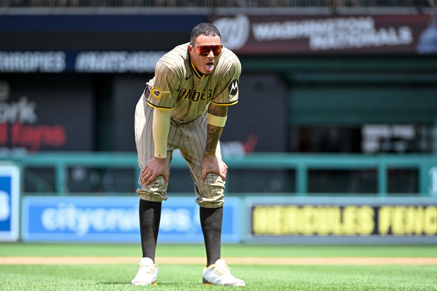 San Diego Padres third baseman Manny Machado (13) on the field after the end of the top of the fourth inning of an MLB game against the Washington Nationals at Nationals Park in Washington D.C., July 20, 2025. (Photo by All-Pro Reels for Washington Times Sports)