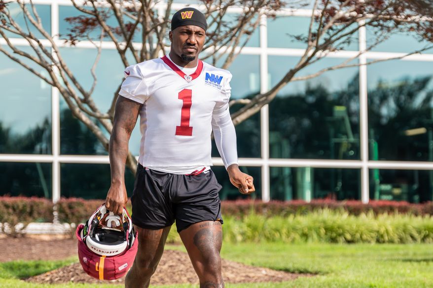 Washington Commanders Wide Receiver Deebo Samuel (1) walks out of training facility for the first day of training camp at the OrthoVirginia Training Center in Ashburn, Virginia, July 23rd, 2025. (Photo by Jordan Sabillo for Washington Times)