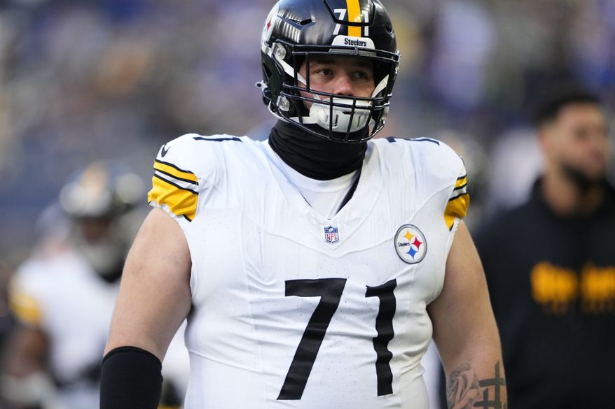 Pittsburgh Steelers guard Nate Herbig walks off the field after the first half of an NFL football game against the Seattle Seahawks, Sunday, Dec. 31, 2023, in Seattle. The Steelers won 30-23. (AP Photo/Lindsey Wasson) **FILE**