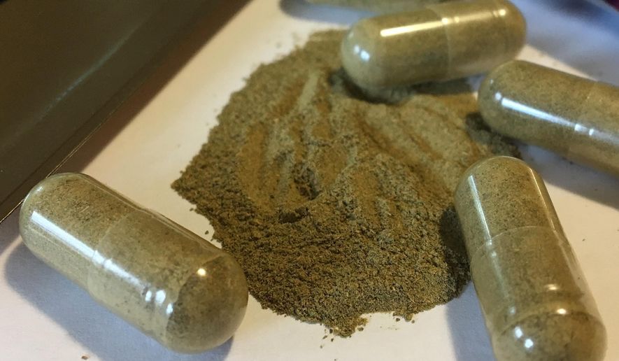 This Sept. 27, 2017, file photo shows kratom capsules in Albany, N.Y. (AP Photo/Mary Esch, File)