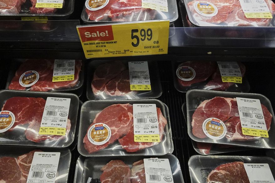 A price for beef is displayed on the edge of a shelf at a grocery store in Mount Prospect, Ill., Thursday, July 17, 2025. (AP Photo/Nam Y. Huh) ** FILE **