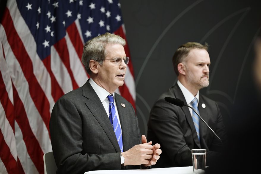 U.S. Treasury Secretary Scott Bessent (left) and U.S. Trade Representative Jamieson Greer hold a press conference after the trade talks between the U.S. and China in Stockholm, Sweden, on Tuesday, July 29, 2025. (Magnus Lejhall/TT News Agency via AP) **FILE**