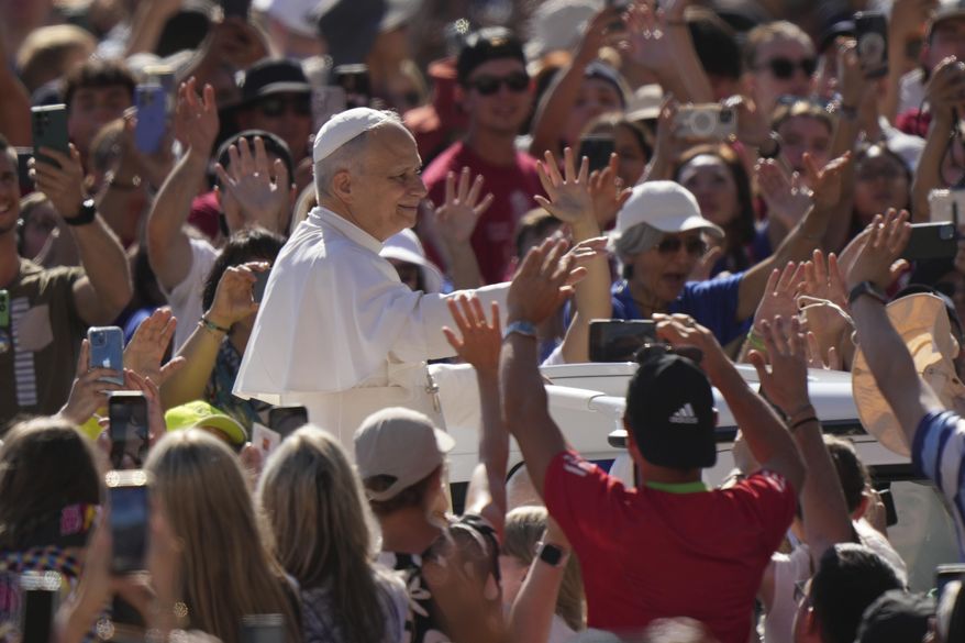 Pope Leo XIV holds his weekly general audience in St. Peter's Square, at the Vatican, Wednesday, July 30, 2025. (AP Photo/Andrew Medichini)