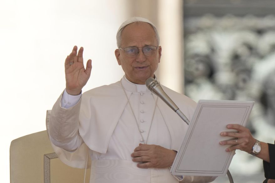 Pope Leo XIV holds his weekly general audience in St. Peter's Square, at the Vatican, Wednesday, July 30, 2025. (AP Photo/Andrew Medichini)