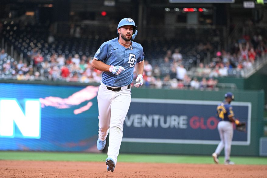 Washington Nationals designated hitter Paul DeJong (14) rounding the bases after hitting a home run during the third inning of an MLB game against the Milwaukee Brewers at Nationals Park in Washington D.C., August 1, 2025. (Photo by All-Pro Reels for Washington Times Sports)