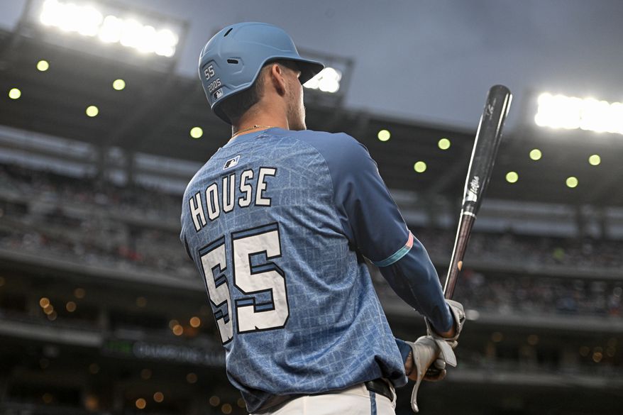 Washington Nationals third baseman Brady House (55) in the on deck circle during the fourth inning of an MLB game against the Milwaukee Brewers at Nationals Park in Washington D.C., August 1, 2025. (Photo by All-Pro Reels for Washington Times Sports)