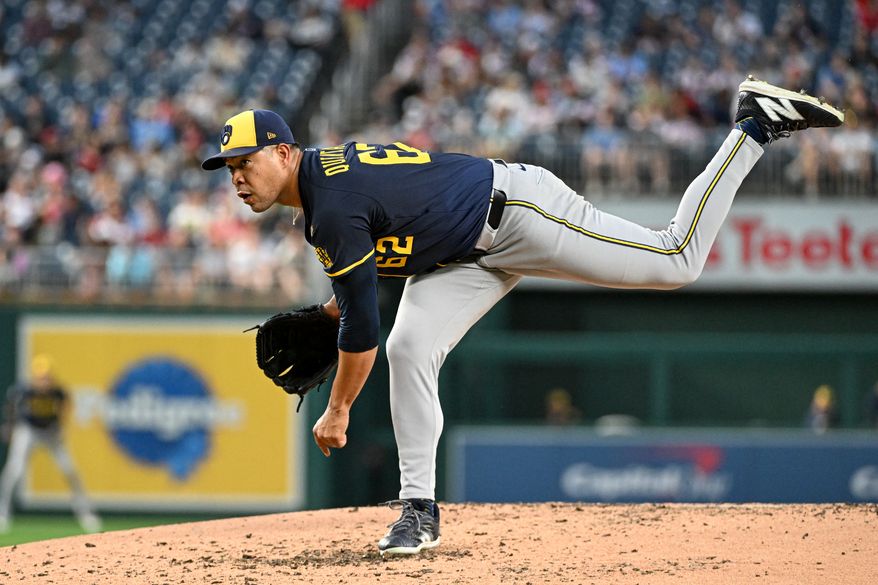Milwaukee Brewers starting pitcher Jose Quintana (62) throwing a pitch during the fourth inning of an MLB game against the Washington Nationals at Nationals Park in Washington D.C., August 1, 2025. (Photo by All-Pro Reels for Washington Times Sports)