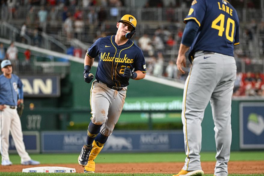 Milwaukee Brewers first baseman Andrew Vaughn (28) rounding the bases after hitting a home run during the eighth inning of an MLB game against the Washington Nationals at Nationals Park in Washington D.C., August 1, 2025. (Photo by All-Pro Reels for Washington Times Sports)