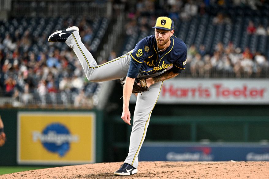 Milwaukee Brewers relief pitcher Easton McGee (50) throwing a pitch during the eighth inning of an MLB game against the Washington Nationals at Nationals Park in Washington D.C., August 1, 2025. (Photo by All-Pro Reels for Washington Times Sports)