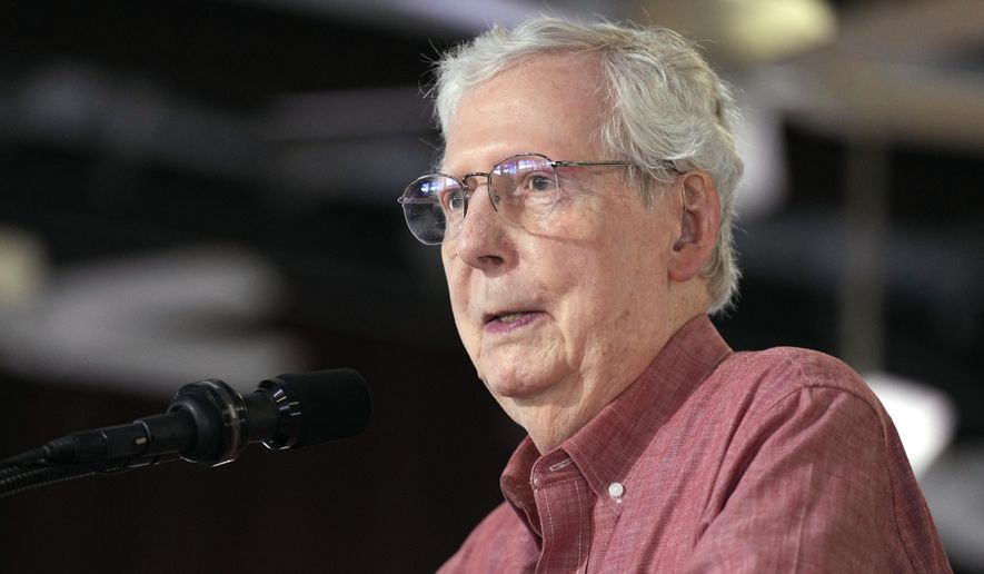 Sen. Mitch McConnell, R-Ky., speaks at the annual Fancy Farm picnic Saturday, Aug. 2, 2025, in Fancy Farm, Ky. (AP Photo/Mark Humphrey)